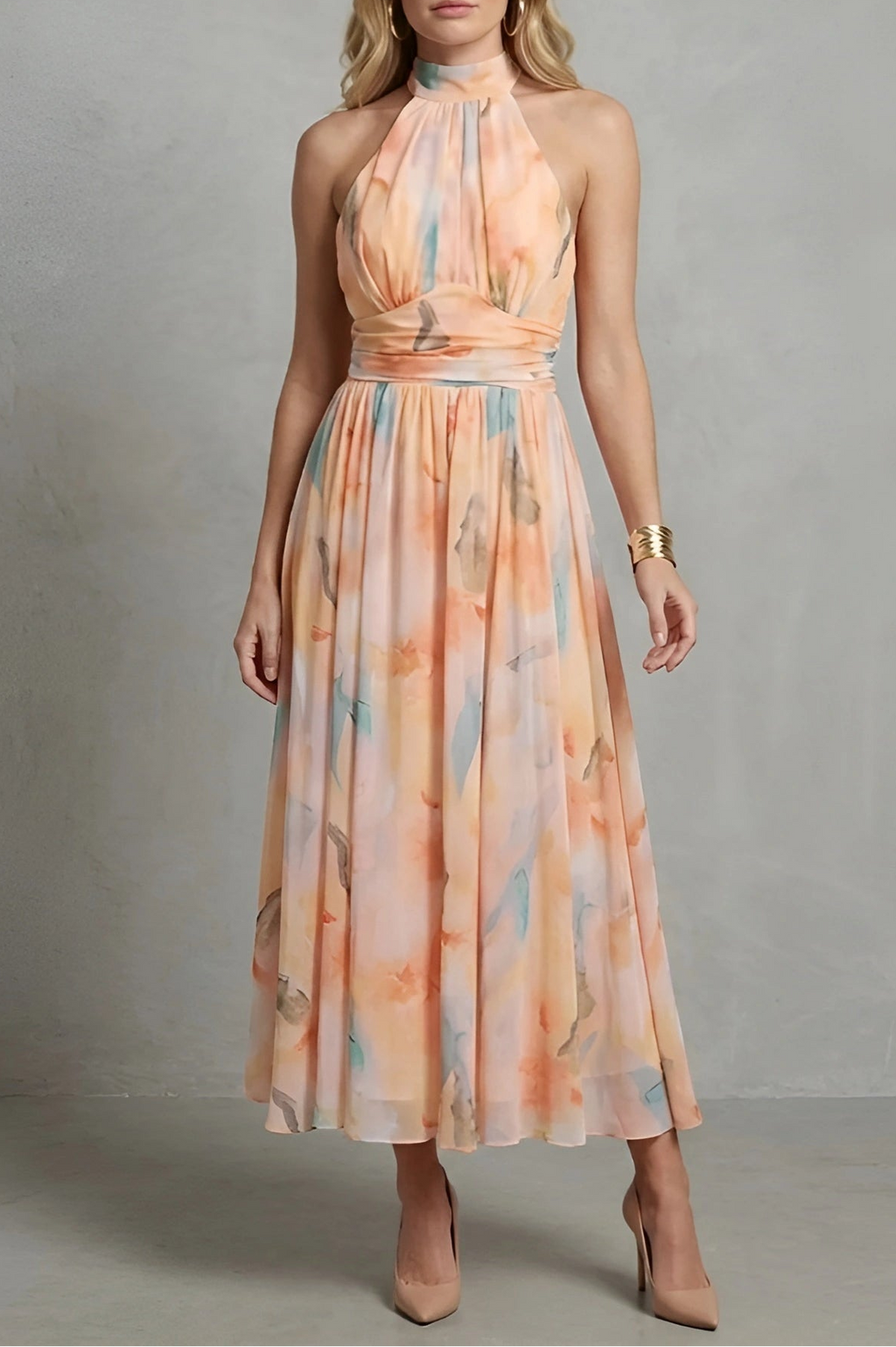 Esther | Elegancia halter – Vestido con estampado acuarela