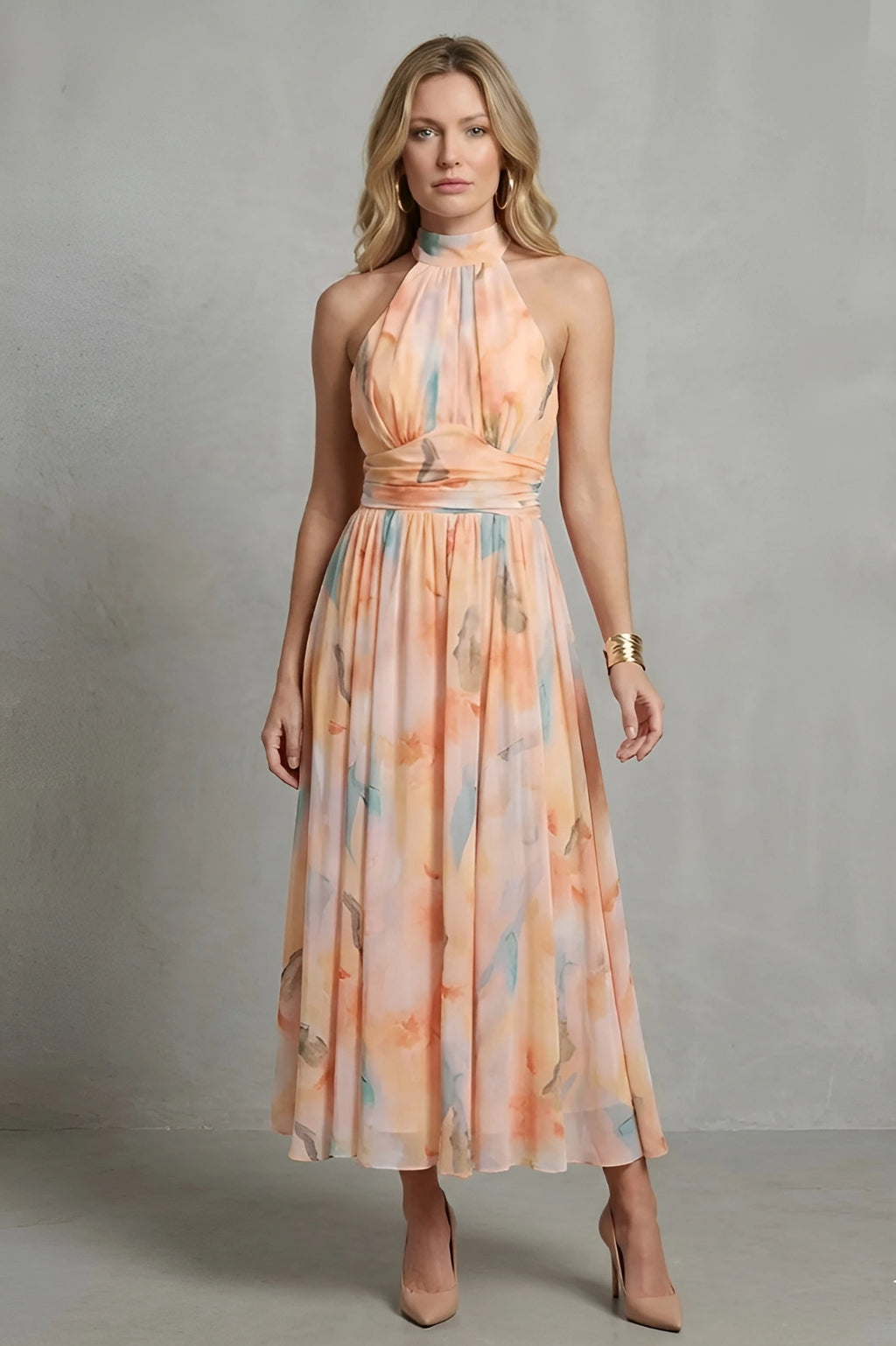 Esther | Elegancia halter – Vestido con estampado acuarela