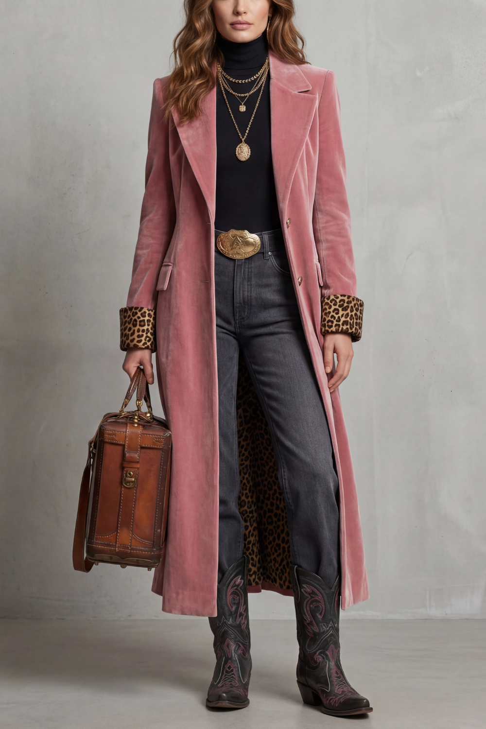 Lusavine | Elegancia en terciopelo con forro leopardo – Abrigo largo