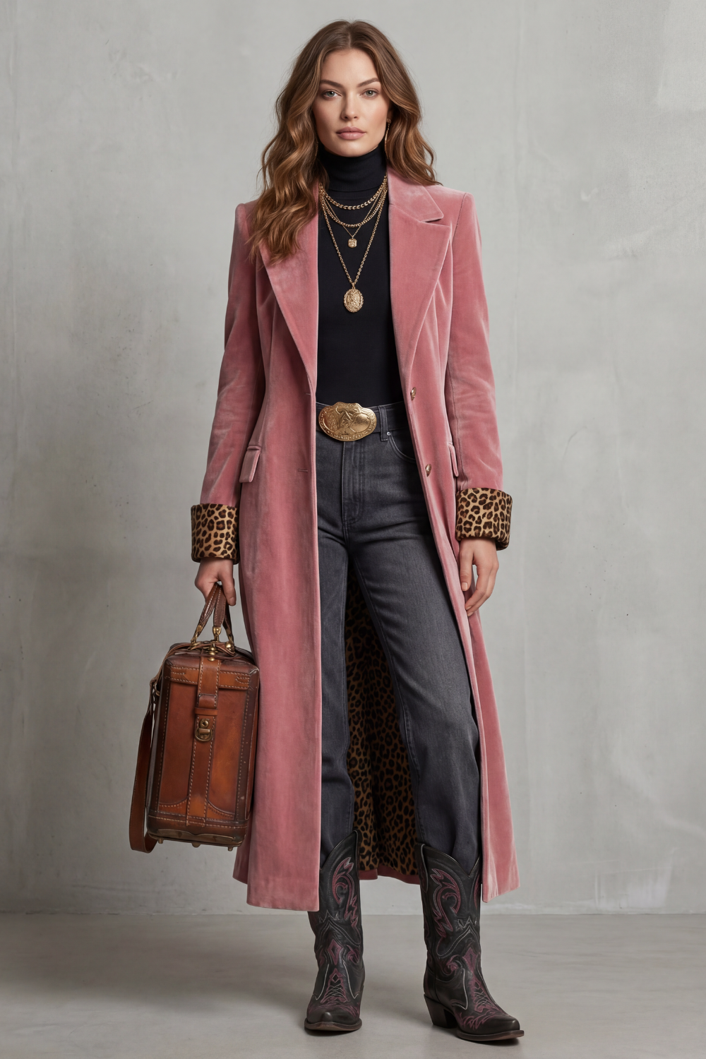 Lusavine | Elegancia en terciopelo con forro leopardo – Abrigo largo