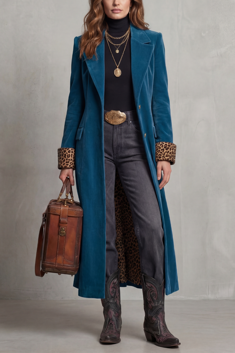 Lusavine | Elegancia en terciopelo con forro leopardo – Abrigo largo