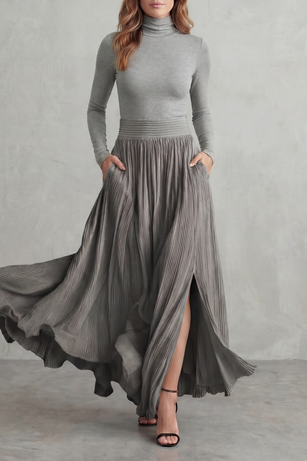 Neravelle | Silueta fluida plisada – Conjunto de dos piezas con cuello alto