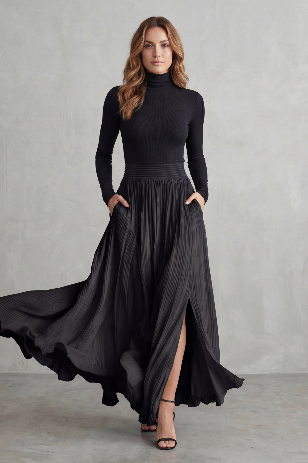 Neravelle | Silueta fluida plisada – Conjunto de dos piezas con cuello alto