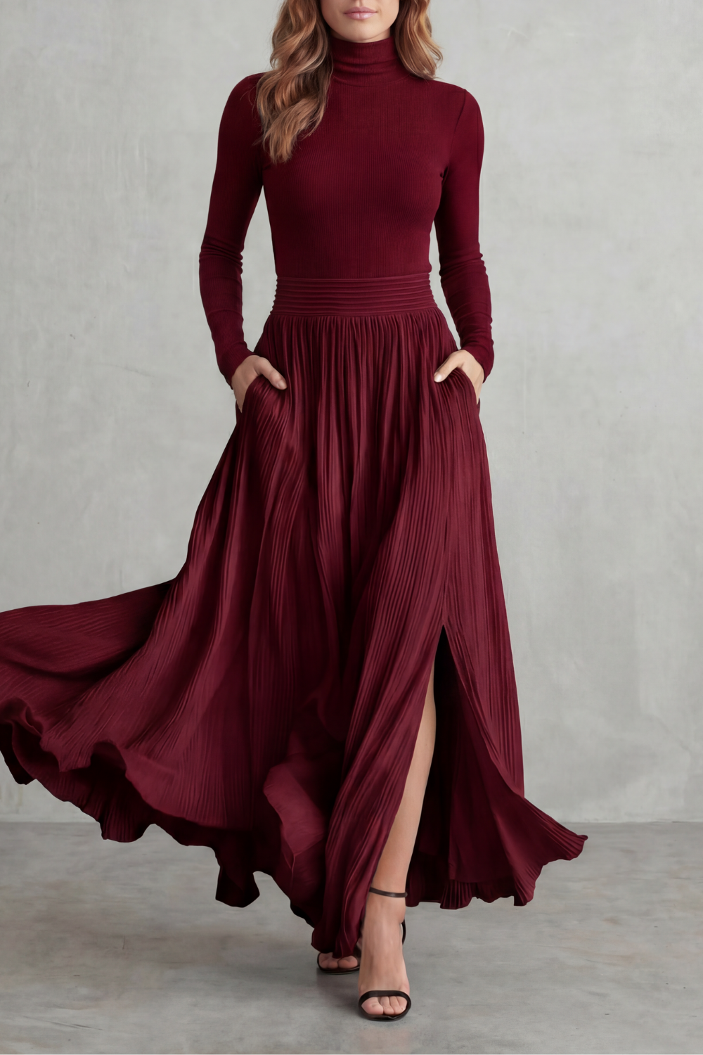 Neravelle | Silueta fluida plisada – Conjunto de dos piezas con cuello alto