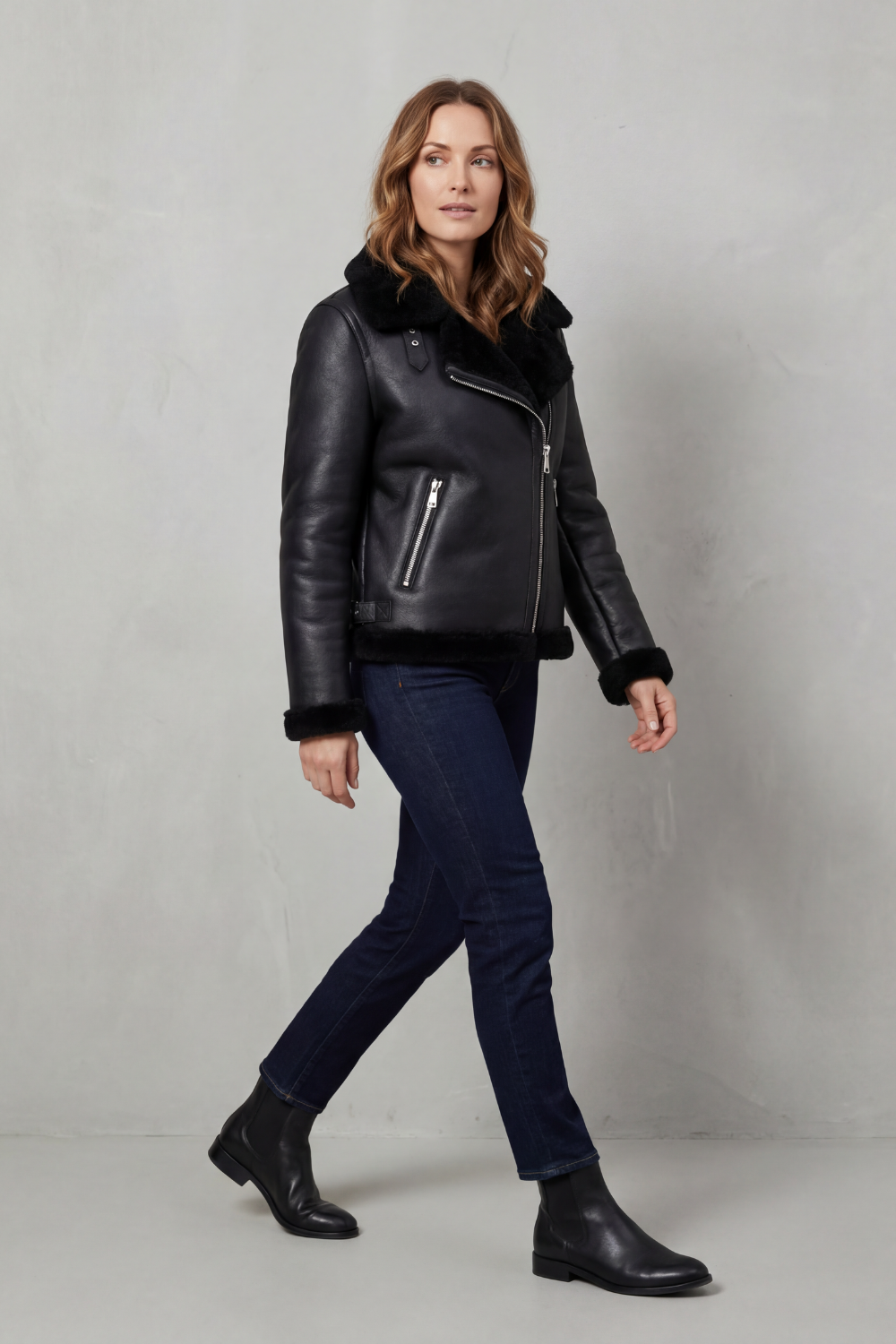 Noirellé | Cremallera asimétrica – Chaqueta biker con borreguillo