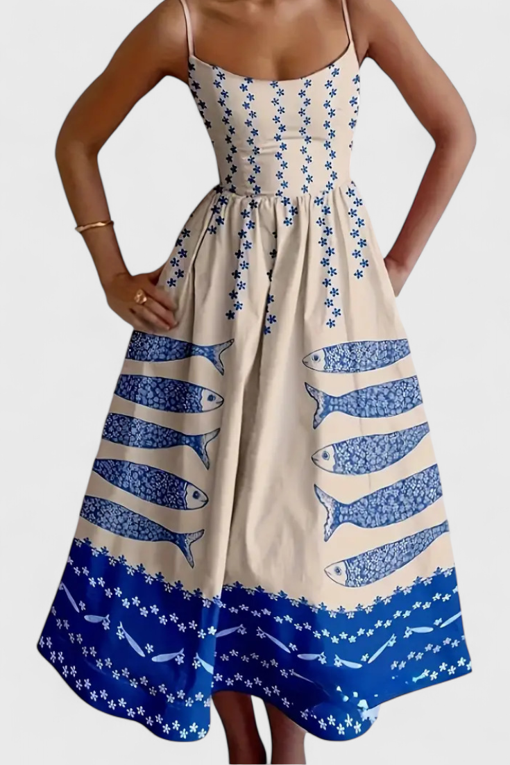 Maricela | Vestido Vintage con Tirantes y Estampado de Sardinas