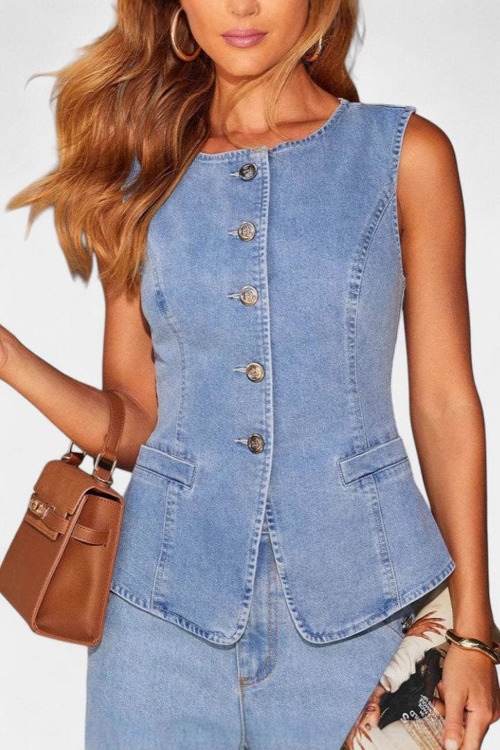 Ludovica | Conjunto de Denim con Chaleco Ajustado y Jeans de Pierna Ancha