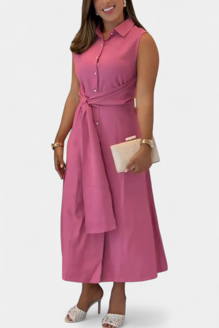 Behnaz | Vestido Elegante sin Mangas con Cinturón y Cuello Camisero