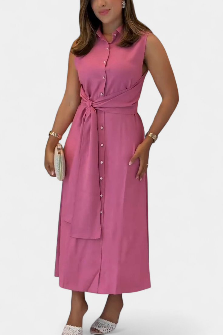 Behnaz | Vestido Elegante sin Mangas con Cinturón y Cuello Camisero