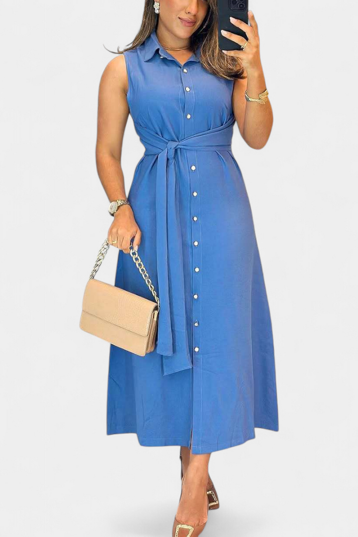 Behnaz | Vestido Elegante sin Mangas con Cinturón y Cuello Camisero