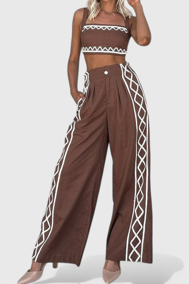 Mirella | Conjunto Crop y Pantalones Anchos de Estampado Zigzag