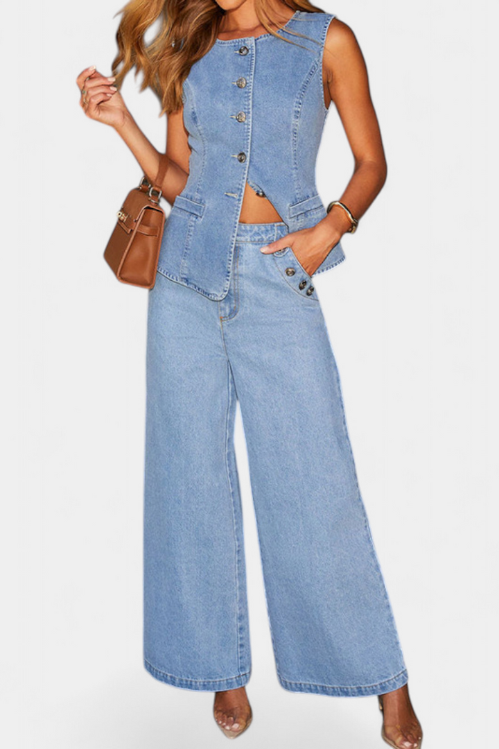 Ludovica | Conjunto de Denim con Chaleco Ajustado y Jeans de Pierna Ancha
