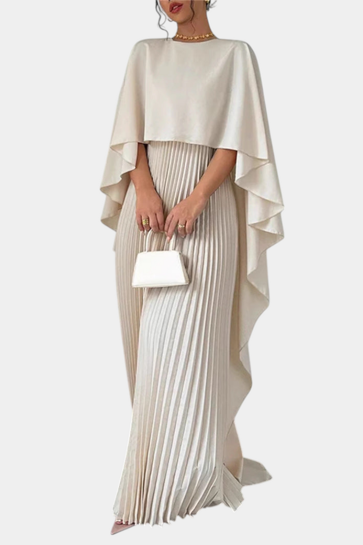 Belen | Vestido Maxi de Cuello Alto con Pliegues y Mangas de Volante