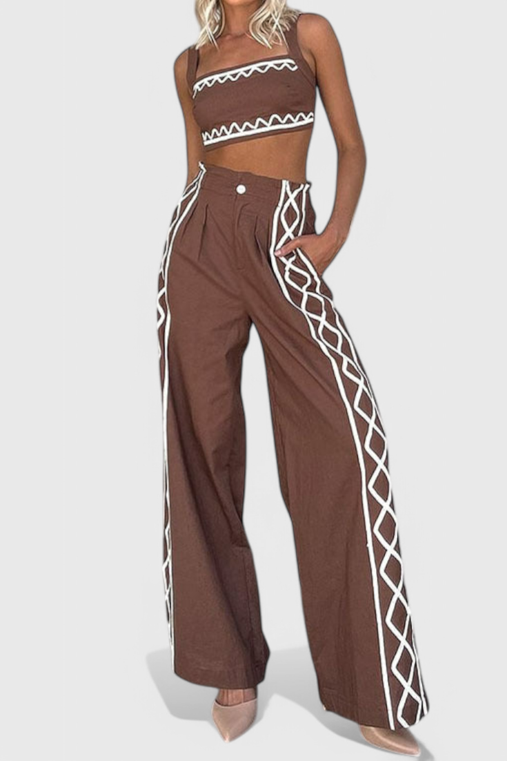 Mirella | Conjunto Crop y Pantalones Anchos de Estampado Zigzag