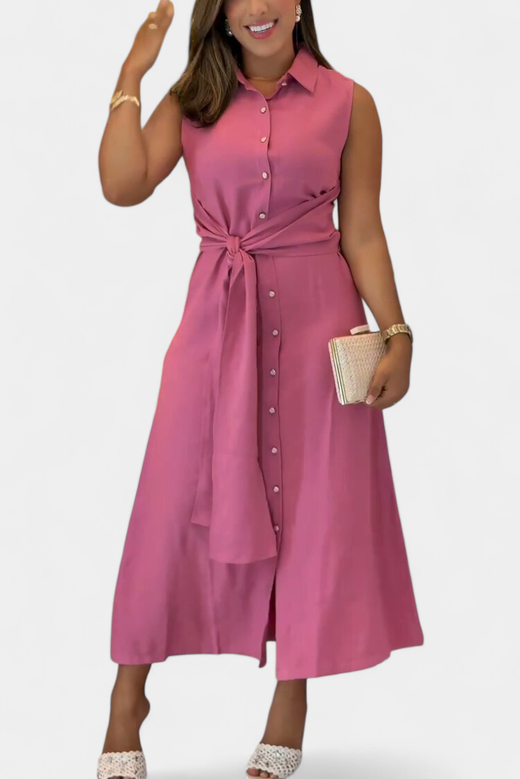 Behnaz | Vestido Elegante sin Mangas con Cinturón y Cuello Camisero