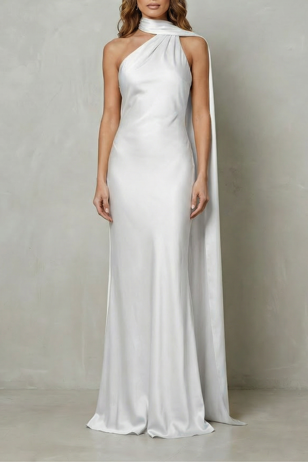 Orlianne | Vestido largo de satén estilo sirena – Cascada drapeada en el escote