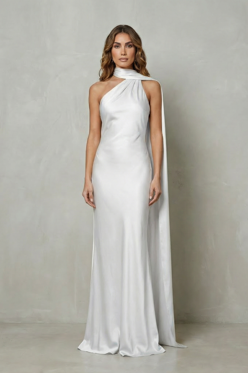 Orlianne | Vestido largo de satén estilo sirena – Cascada drapeada en el escote