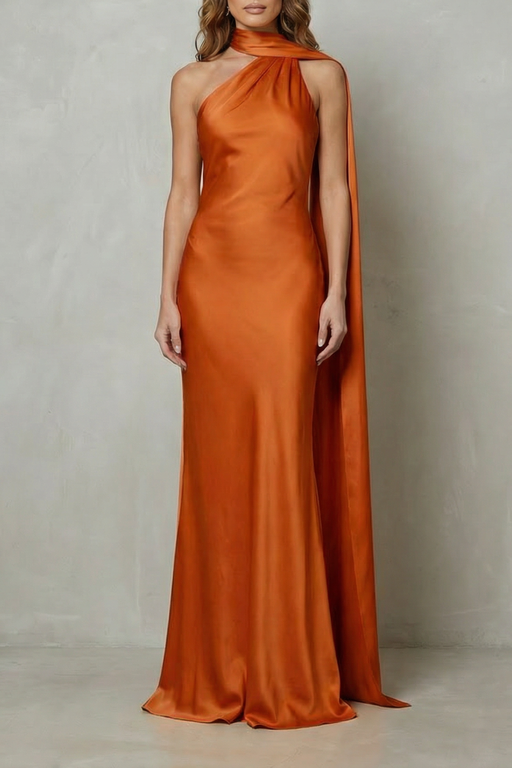 Orlianne | Vestido largo de satén estilo sirena – Cascada drapeada en el escote