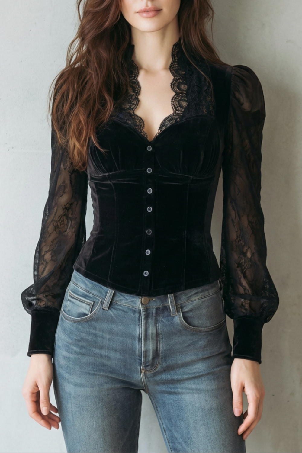 Serevine – Lace spliced elegance – Velvet fitted blouse