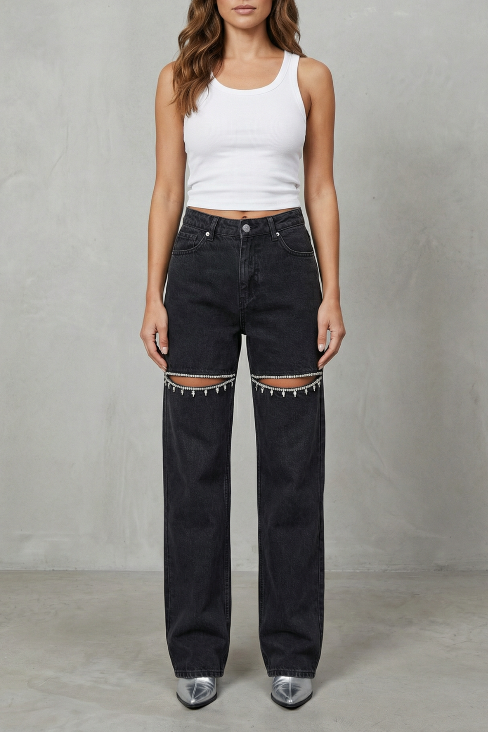 Velmoura – Crystal cut detail – Wide leg jeans