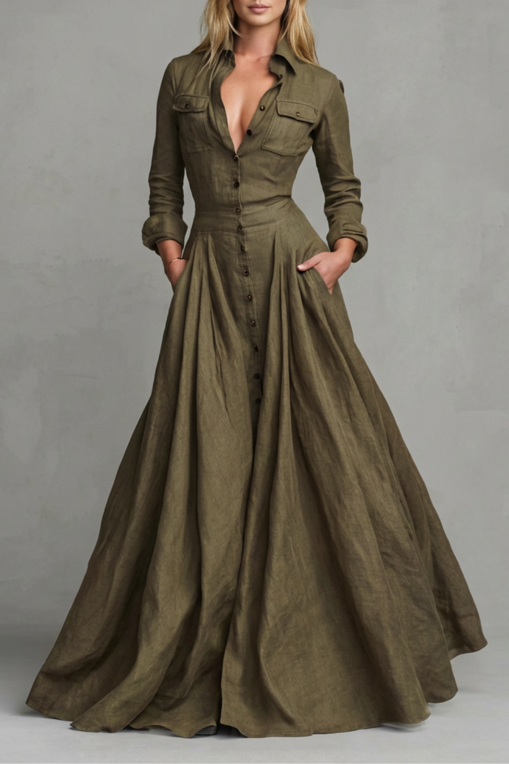 Verona | Vestido largo camisero de manga larga – Elegancia estructurada