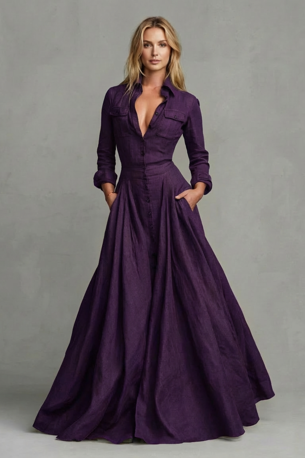 Verona | Vestido largo camisero de manga larga – Elegancia estructurada