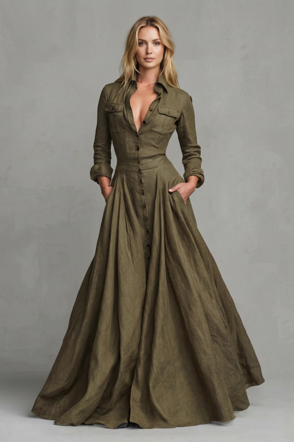 Verona | Vestido largo camisero de manga larga – Elegancia estructurada