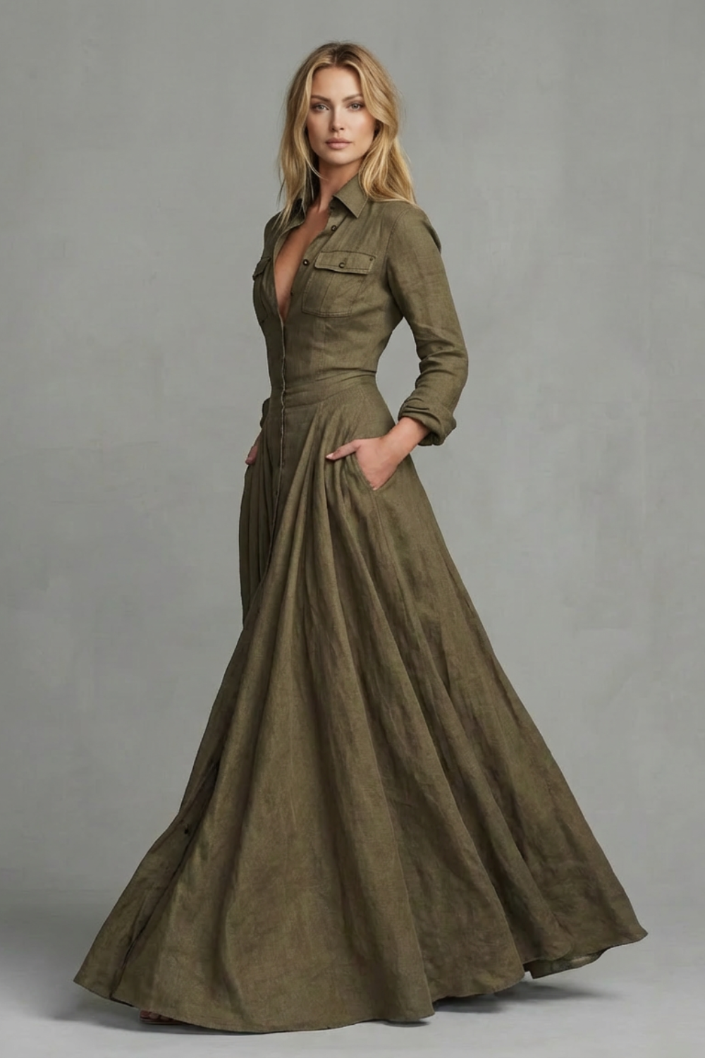 Verona | Vestido largo camisero de manga larga – Elegancia estructurada