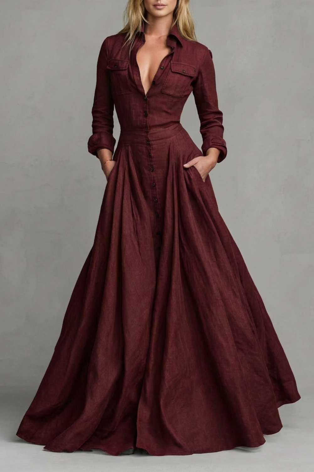 Verona | Vestido largo camisero de manga larga – Elegancia estructurada