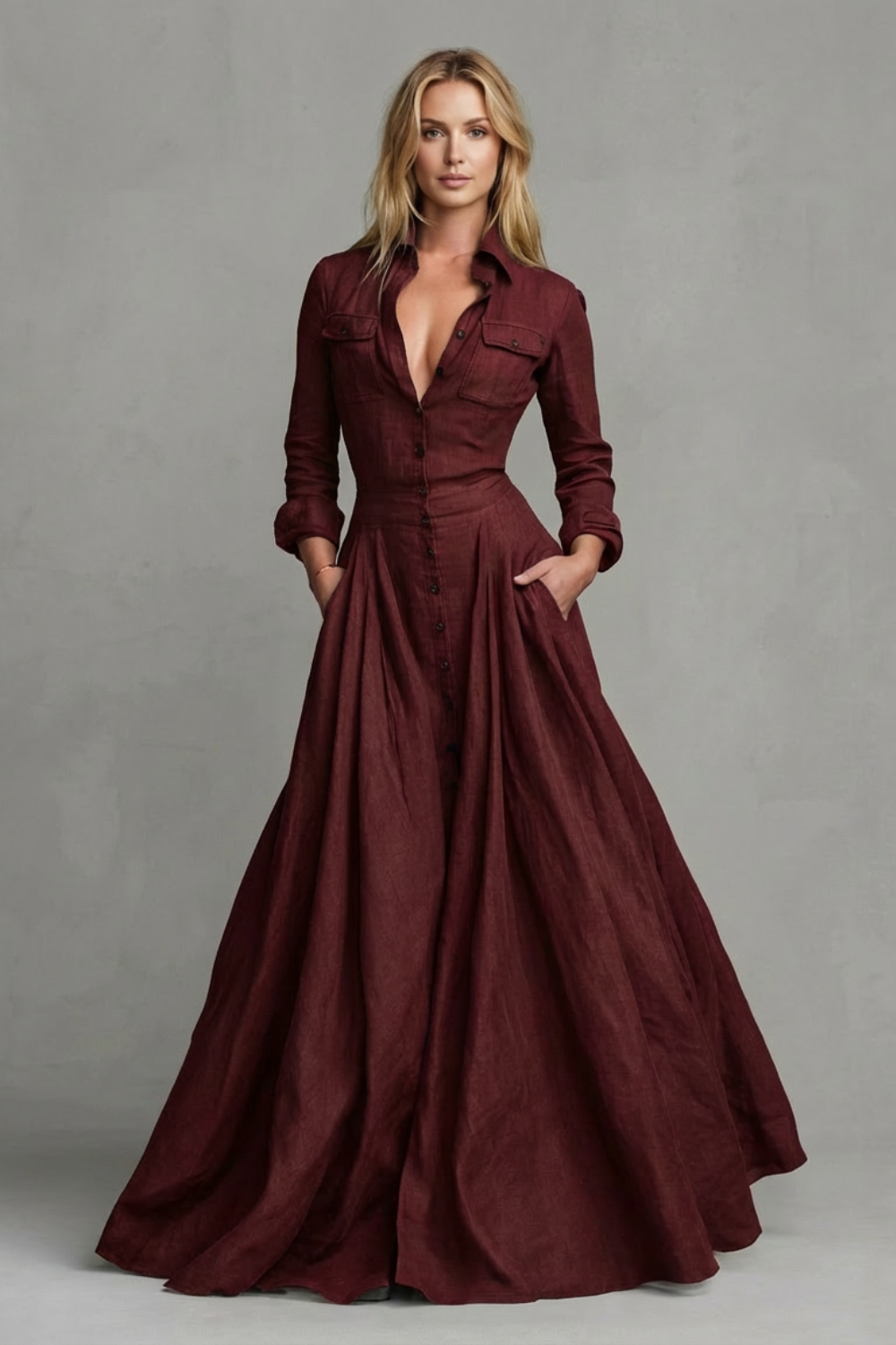 Verona | Vestido largo camisero de manga larga – Elegancia estructurada