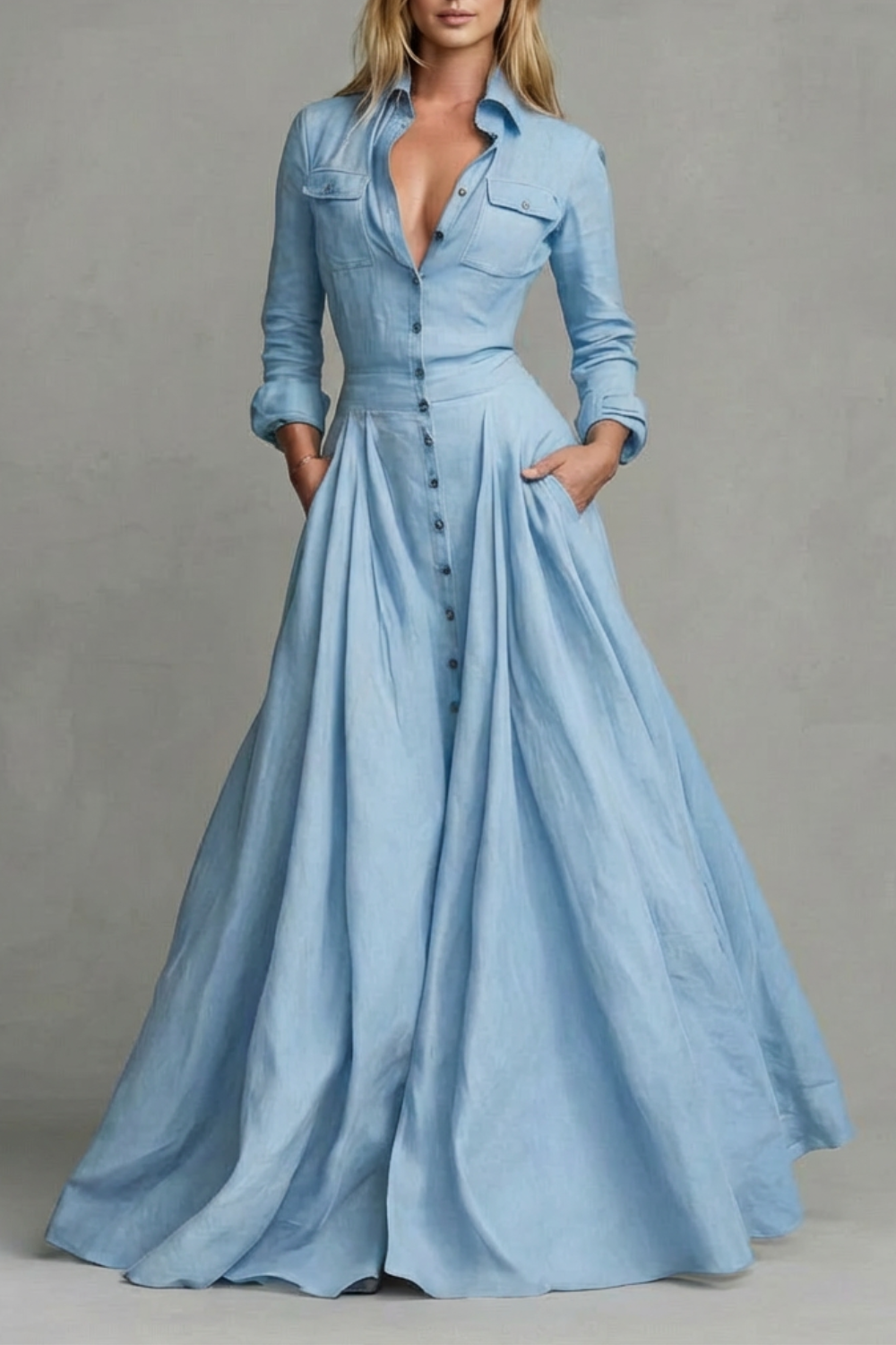 Verona | Vestido largo camisero de manga larga – Elegancia estructurada