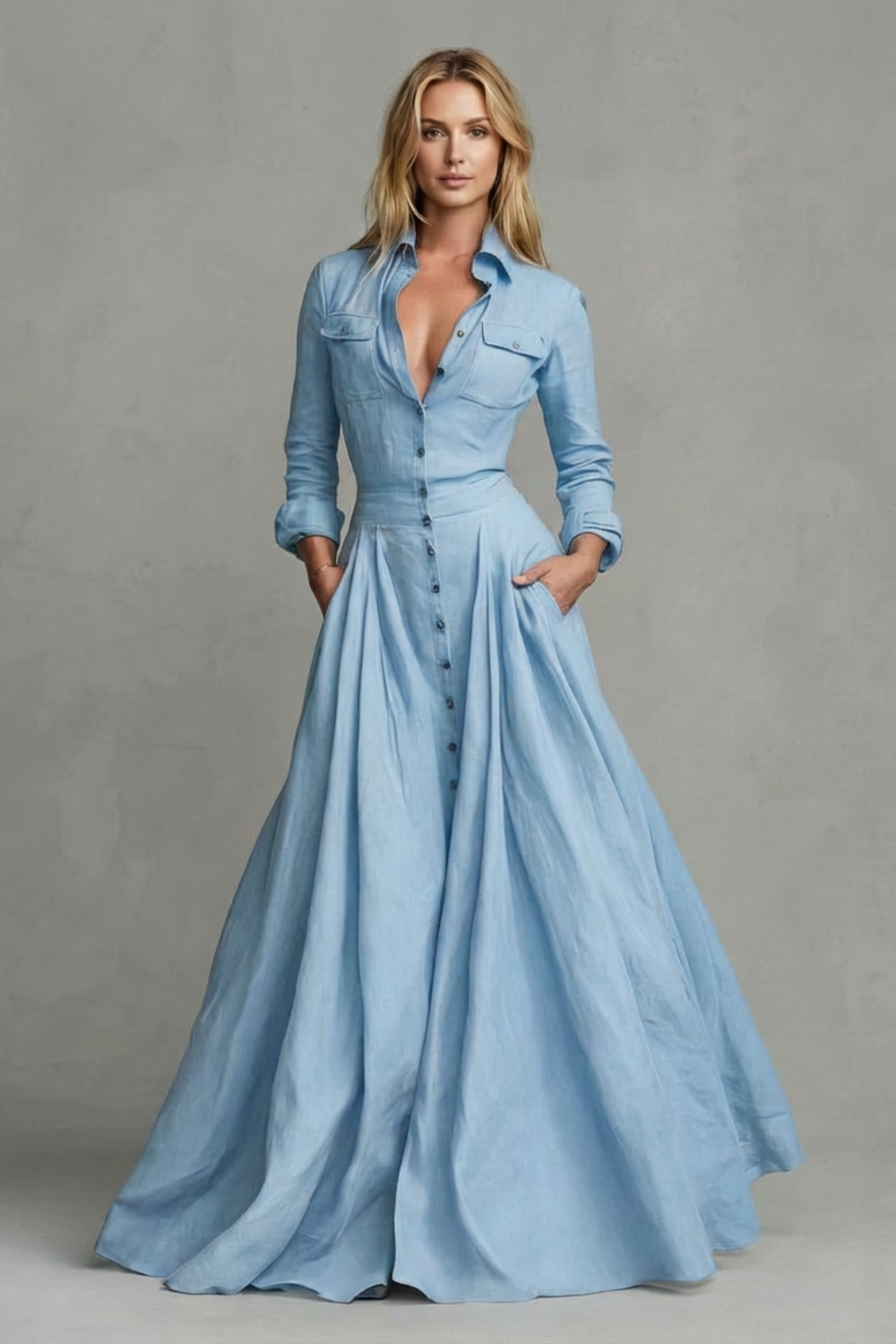 Verona | Vestido largo camisero de manga larga – Elegancia estructurada