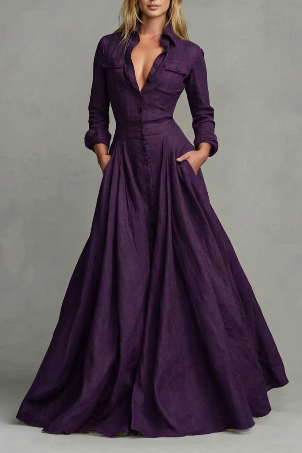 Verona | Vestido largo camisero de manga larga – Elegancia estructurada