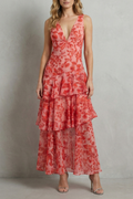 Virella | Vestido largo de gasa con capas – Flores carmesí en movimiento
