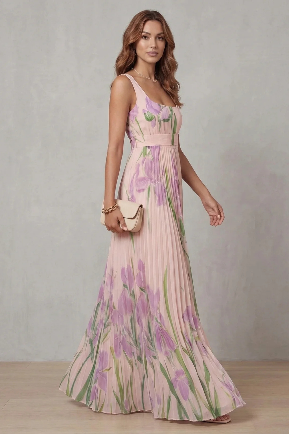 Vivienna | Vestido largo plisado – Floral en acuarela