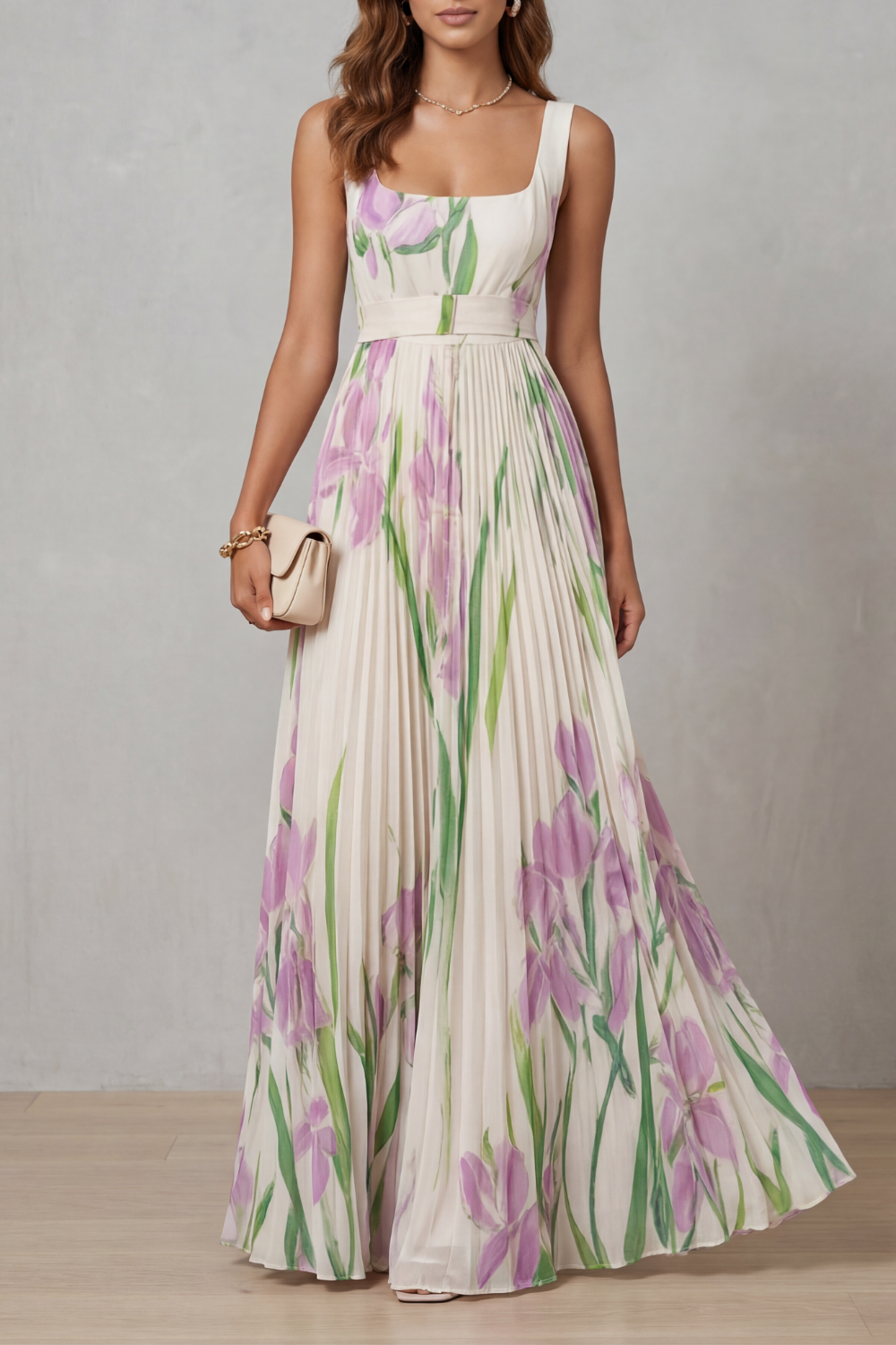 Vivienna | Vestido largo plisado – Floral en acuarela