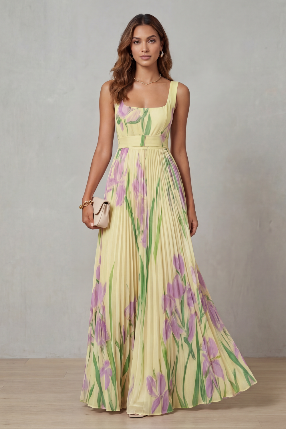 Vivienna | Vestido largo plisado – Floral en acuarela