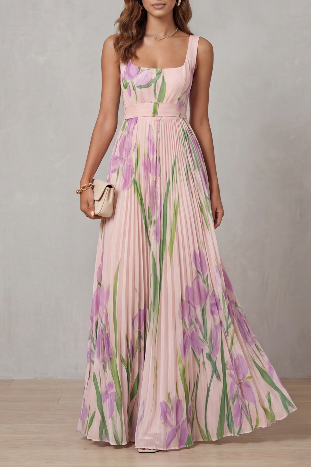Vivienna | Vestido largo plisado – Floral en acuarela