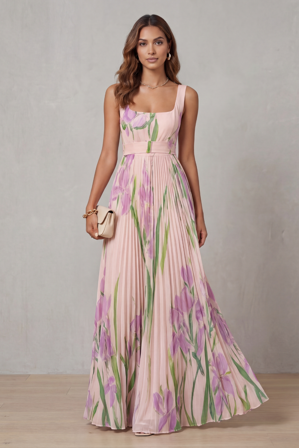 Vivienna | Vestido largo plisado – Floral en acuarela