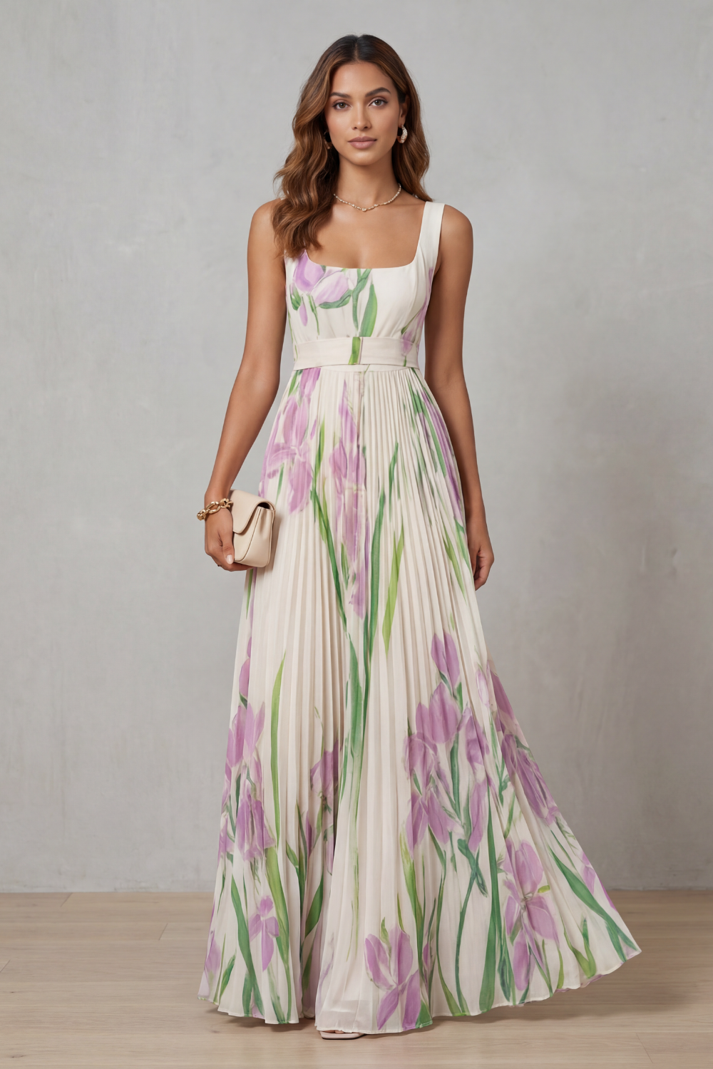 Vivienna | Vestido largo plisado – Floral en acuarela