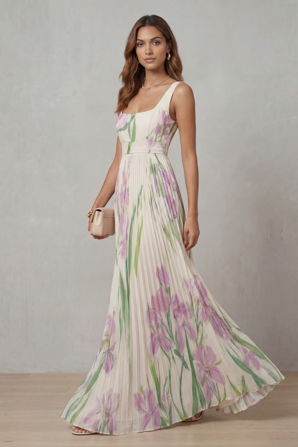 Vivienna | Vestido largo plisado – Floral en acuarela