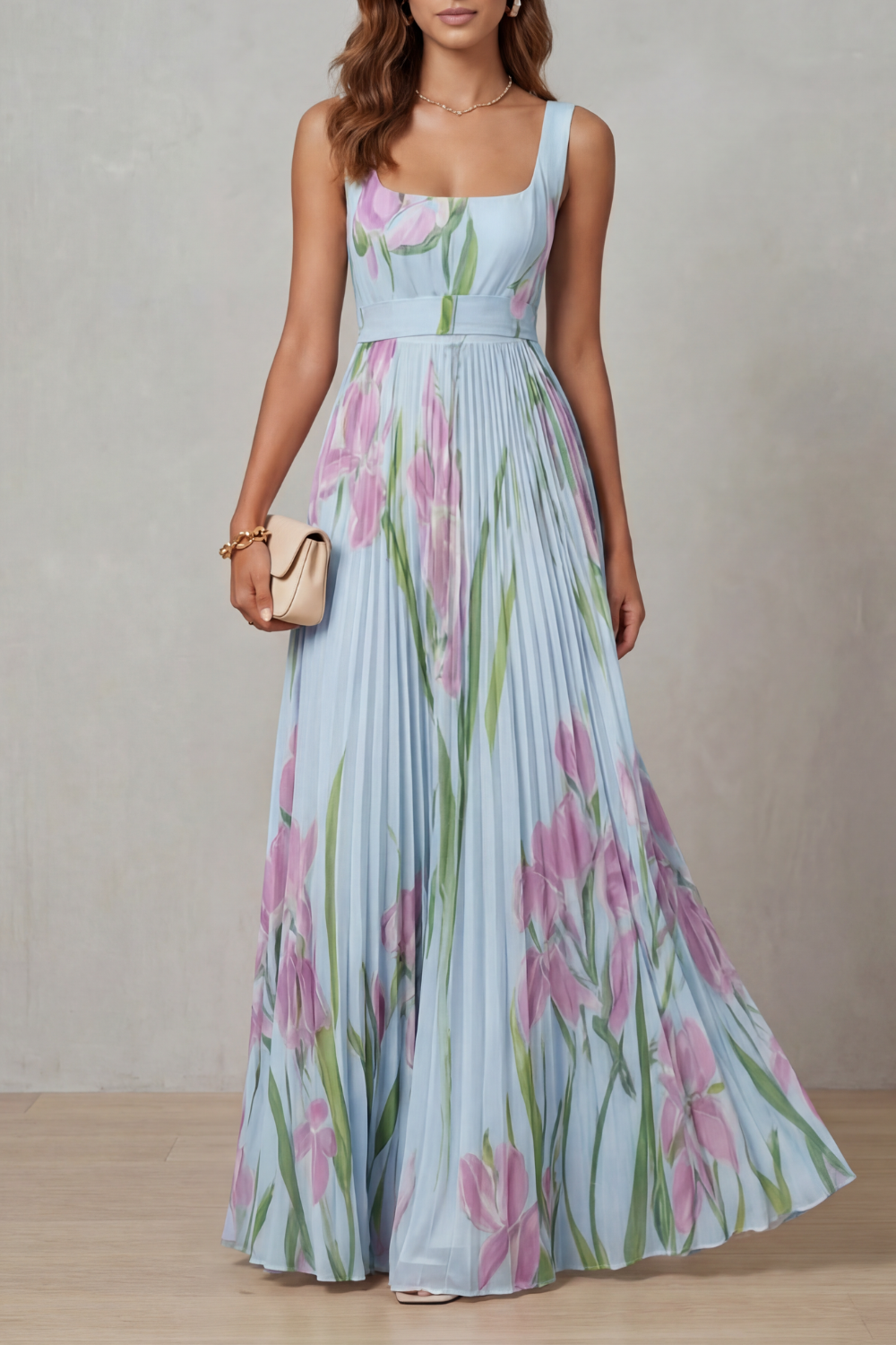 Vivienna | Vestido largo plisado – Floral en acuarela