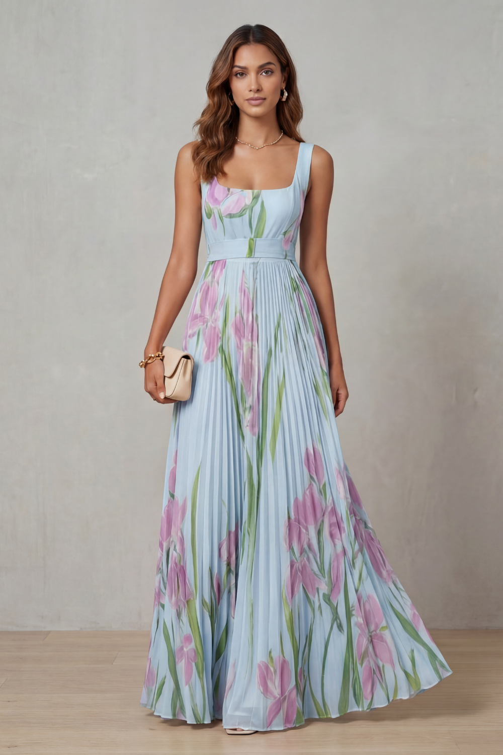Vivienna | Vestido largo plisado – Floral en acuarela