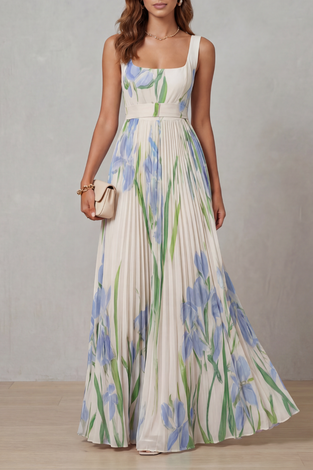 Vivienna | Vestido largo plisado – Floral en acuarela