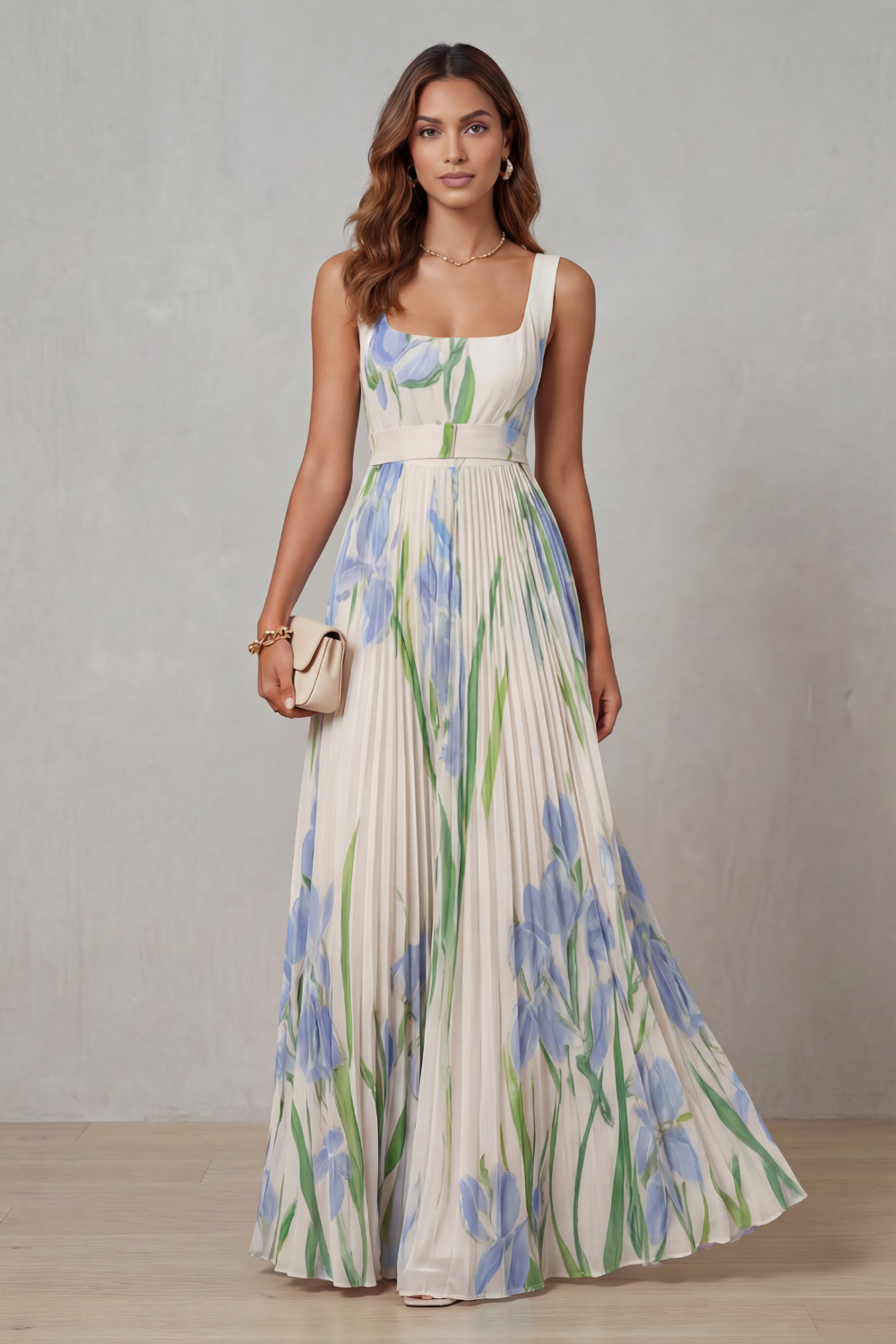 Vivienna | Vestido largo plisado – Floral en acuarela