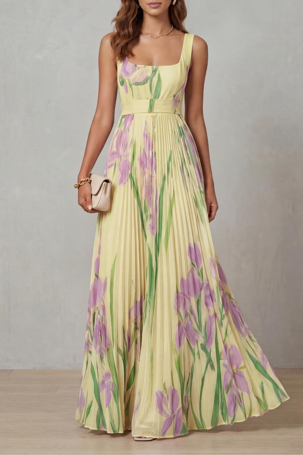Vivienna | Vestido largo plisado – Floral en acuarela