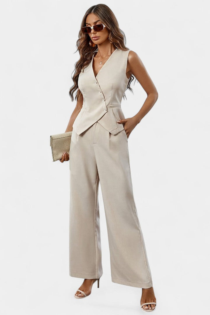 Heskia | Conjunto de Chaleco Sin Mangas y Pantalones de Pierna Ancha